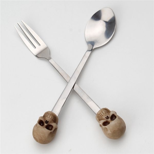 

personalized resin skull head stainless steel mini spoon and fork set small spoon for coffee tea dessert fork portable cutlery forks