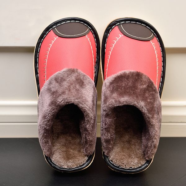 

couple waterproof leather slippers woman shoes winter warm thick cotton shoes household warm slippers large size flats slipper, Black