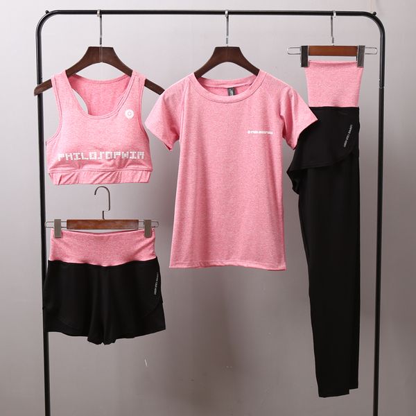 

women yoga sets quick dry fitness sportswear hooded t shirt+bra+pants 4 piece set womens outdoor sports running gym clothes, White;red