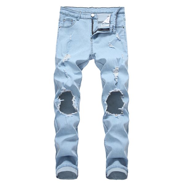

men jeans high street men torn big hole streetwear skateboard straight leg pants men's casual elastic jeans, Blue