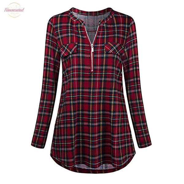 

womens casual rolled sleeve zipped v neck plaid printed shirt tunic blouse harajuku plaid stand collar button shirts feminina 2020, White