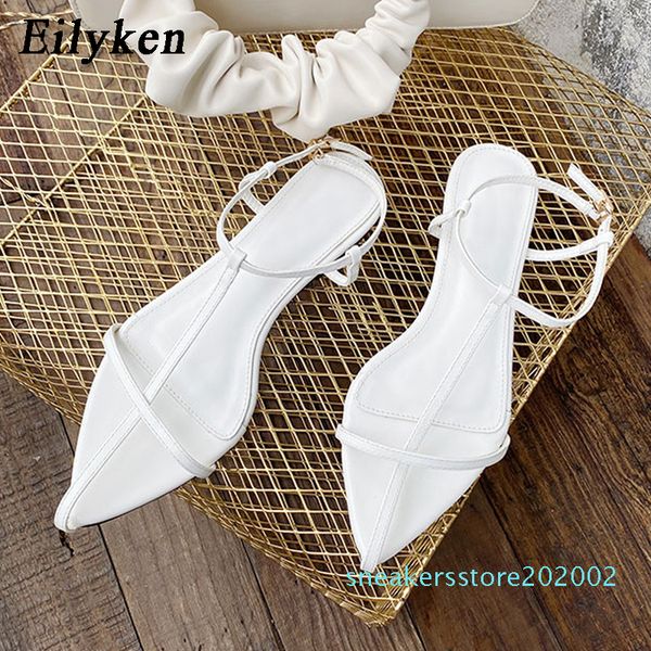 

eilyken 2020 fashion women sandals ankle strap buckle flat heels pointed toe gladiator summer beach elegant ladies dress shoes s02, Black