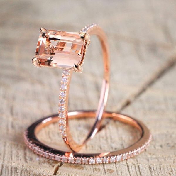 

trendy exquisite rose gold color square baguette rings set for women filled cubic zirconia crystal stone wedding party jewelry, Golden;silver