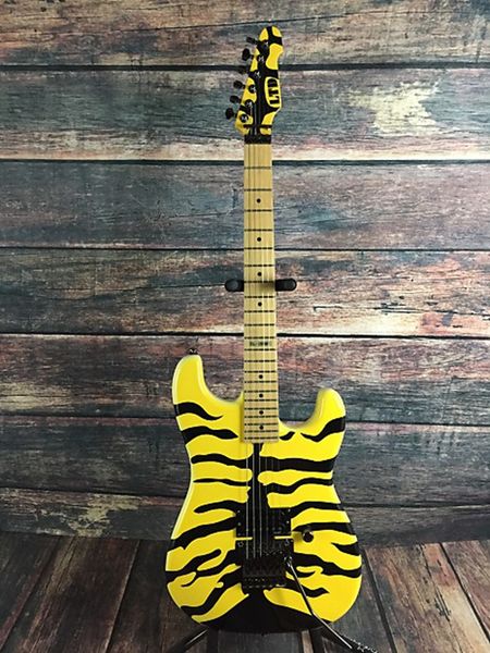 

custom japan george lynch gl-200mt black tiger stripe yellow electric guitar dot inlay, flyod rose tremolo & locking nut, black hardware