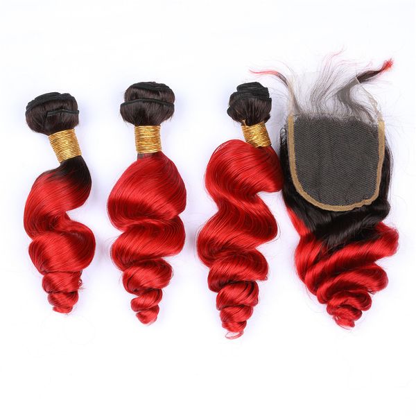 #1B/Красный Ombre индийские девственные человеческие волосы свободные волны расслоения сделок с закрытием 4 шт. Много Красный Ombre 4x4 кружева переднее закрытие с ткет