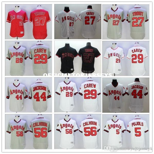 

men 27 mike trout 29 rod carew 44 reggie jackson 56 kole calhoun jersey new color red white gray black jersey quality, Black;blue