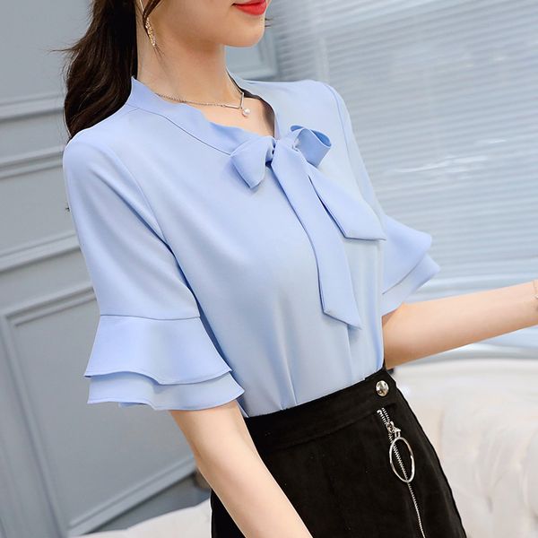 

весна-лето корейской версии нью-style крупногабаритного bottom чен шань уг slim-fit с коротким рукавом повседневная шифоновая блузка, White