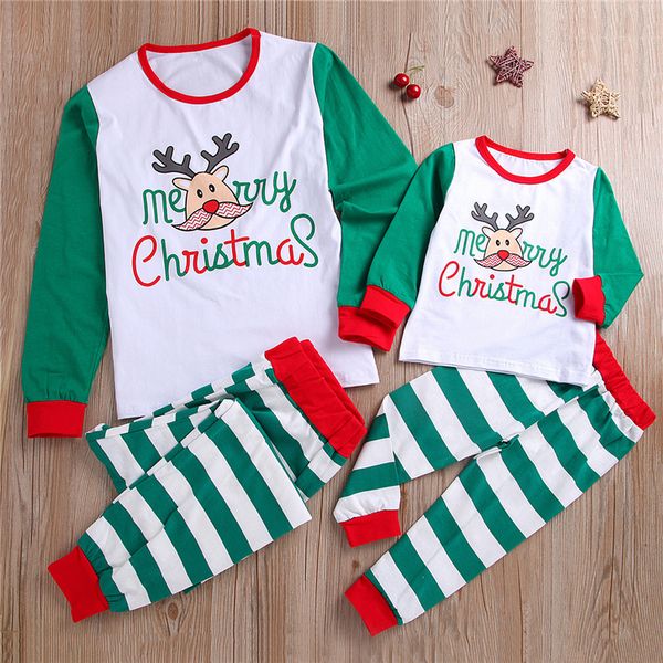 

christmas family matching outfits men christmas pajamas letter long sleeve t-shirt+striped trousers two piece set women clothes mjy643, Blue
