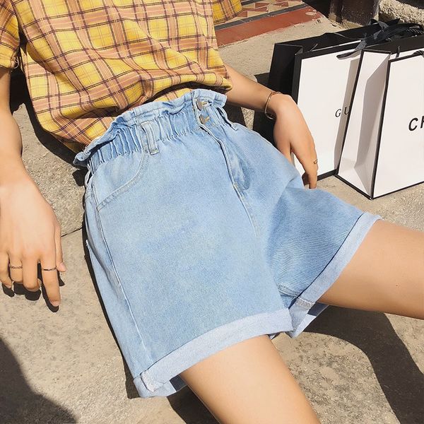 

summer wide-leg loose-fit shorts women's elastic waist bud pants apricot dad pants women's high-waisted casual korean style jean, Blue