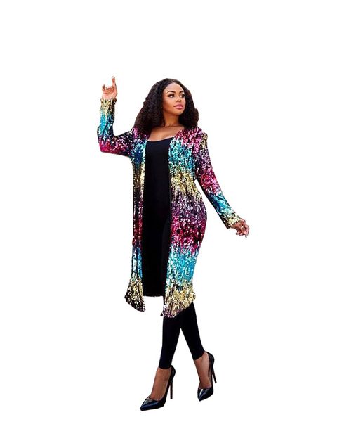 

women sequined colorful cardigan jacket designer long spring autumn fashion jacket coats open stitch, Black;brown
