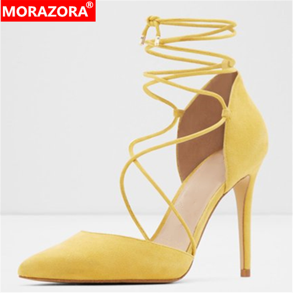 

dress shoes morazora 2021 big size 34-45 women pumps pointed toe summer cross tied party prom ladies thin high heels, Black
