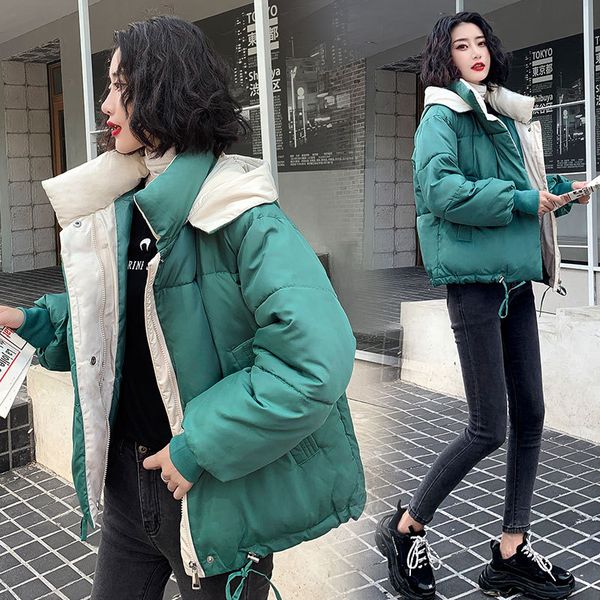 

2019 hooded women winter jacket short cotton padded womens coat autumn feminino solid color parka stand collar 10djh56, Black