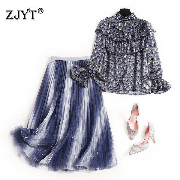 

high fashion spring women skirt 2piece set 2020 new elegant long sleeve beading print chiffon blouse and tulle skirt suit sets, White