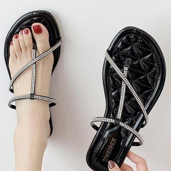 

women slippers summer rhinestone clip toe flip flops woman casual shoes 2020 flat female beach slippers women zapatos sh300, Black