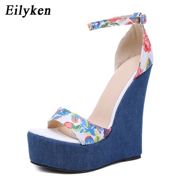 

2020 new designer print denim sandals roman sandals wedges high heels peep-toe platform shoes woman t13, Black