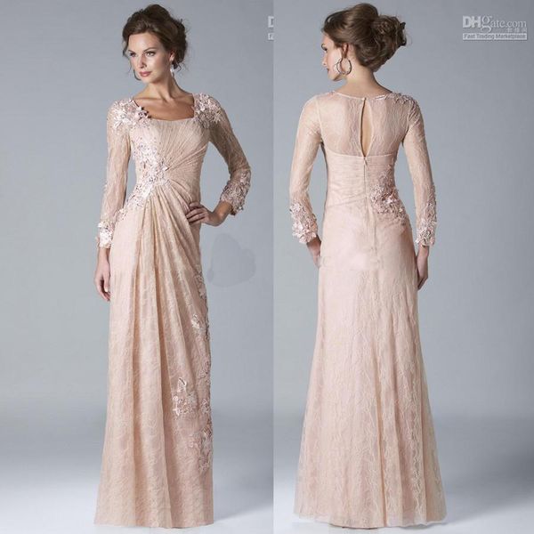 

New Collection Mother of the Bride Dresses Hollow Back Formal Gown Evening Dresses With Sheath Lace Appliques Long Sleeve