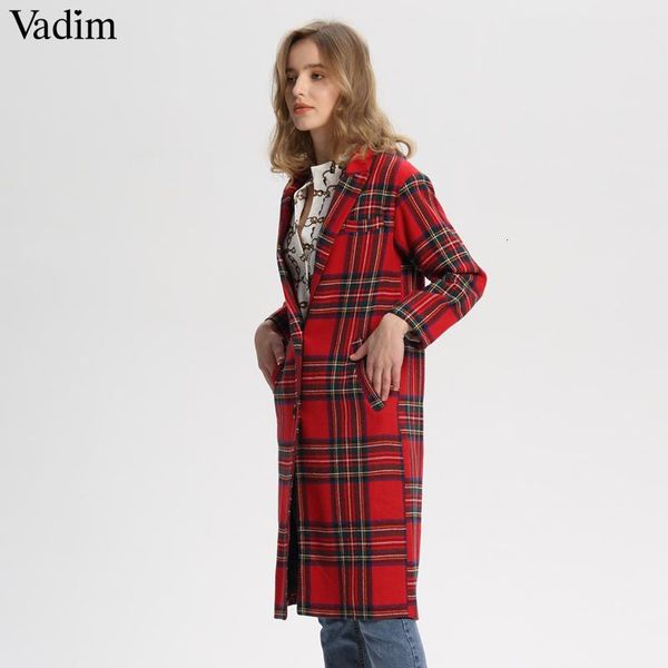 

vadim women red plaid long woolen coat thick warm winter checkered long sleeve turn down collar loose straight ca213, Black