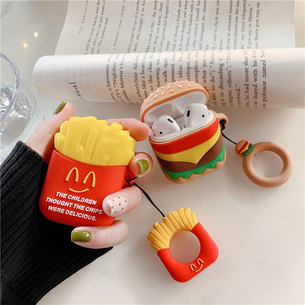 

for airpods case cute cartoon french fries hamburger earphone cases for apple airpods 2 cover funda with finger ring strap