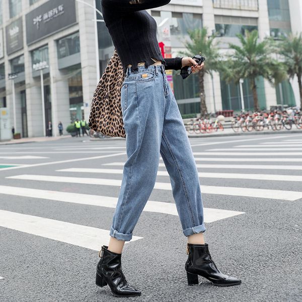 

fashion button loose slacks jeans pants women casual blue female summer denim pants student zip pocket ankle-length