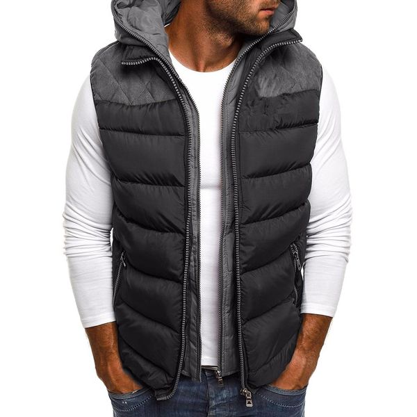 

autumn winter vest men color block zipper sleeveless hooded cotton jacket vest coat keep warm padded vests coat, Black