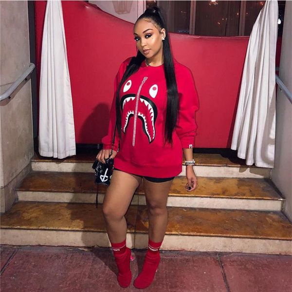 

women shark print hoodies long sleeve o-neck sweatershirt spring autumn hoodie pullover casual design sweatershirt girls clothing 2xl, White