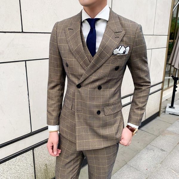 

2020 новй (пиджак + жиле + бѬки) мђжка мода бизне gentleman вколз желй плед дво, White;black