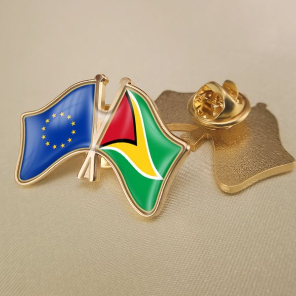 

european union and guyana crossed double friendship flags lapel pins, Gray