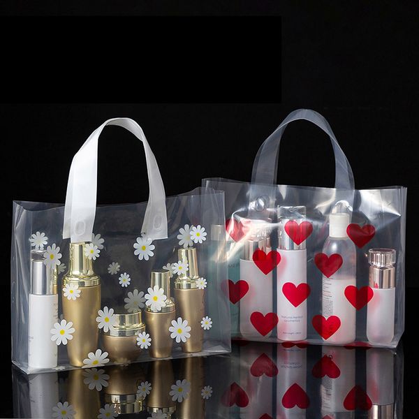 

50pcs/lot love plastic gift bag clear clothes storage shopping bag with handle party wedding plastic candy cake wrapping bags