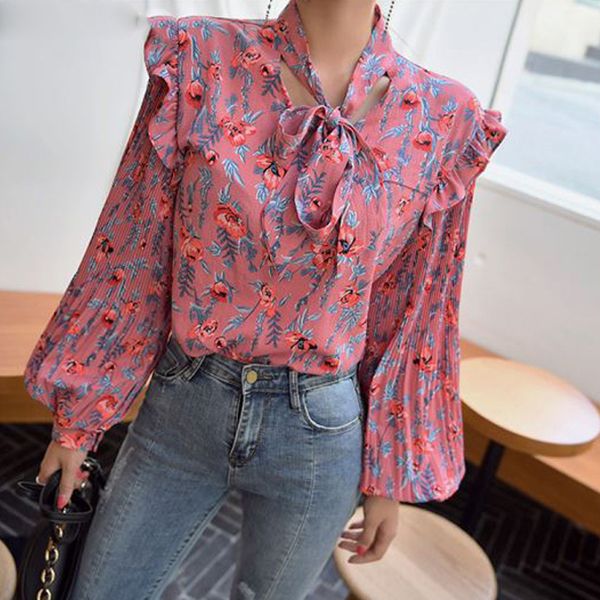 

elegant lace up floral print lantern sleeve women blouse female ruffles loose shirts fashion soft blusa femme, White