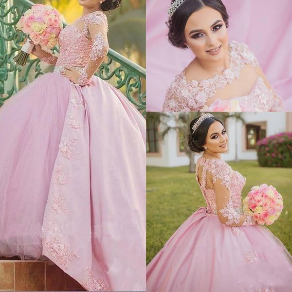 

2019 new arabic pink puffy ball gown quinceanera dresses lace appliques long sleeves tulle with detachable train party prom evening gowns, Blue;red