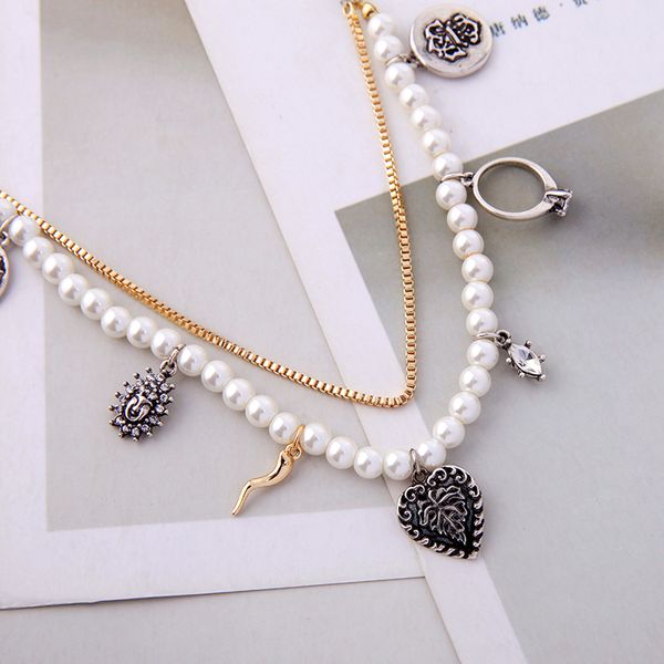 

boho imitation pearls necklace vintage silver color ancient roman figure pendants layered necklace for women fashion jewelry