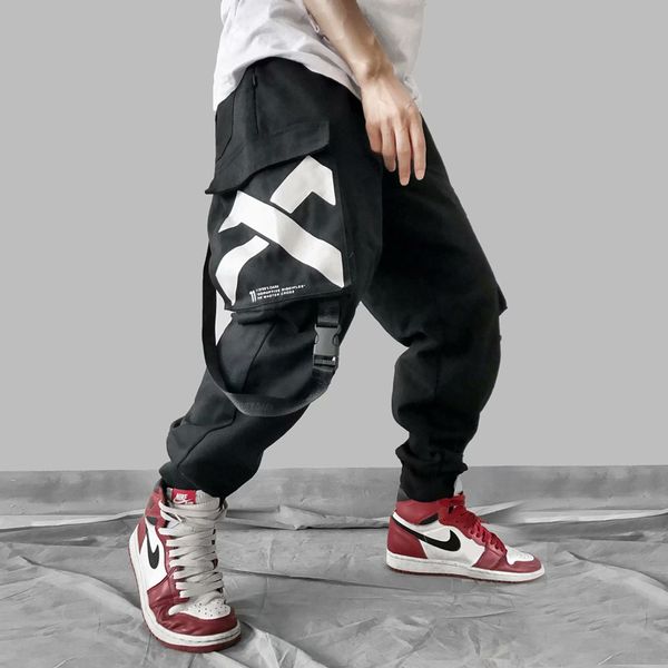 

men ribbon joint pocket cargo pants 2019 x print harem joggers harajuku sweatpant hip hop trousers, Black