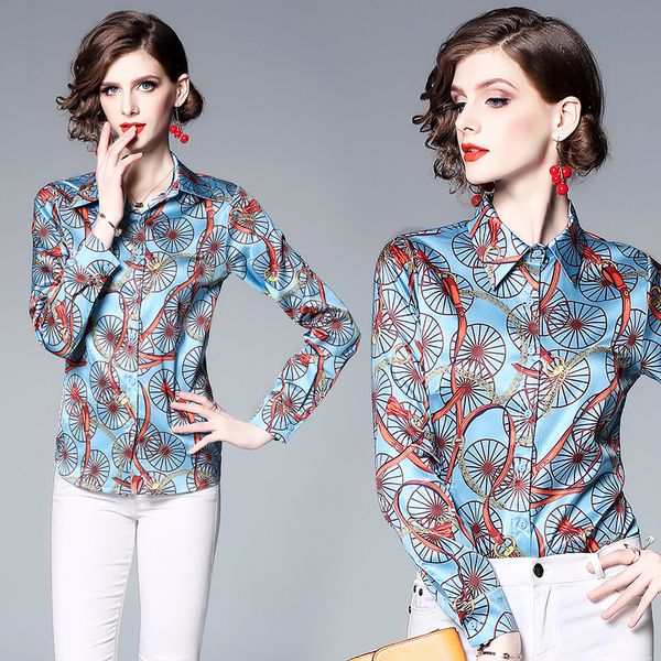 

model spot european station new women's lapel chain printing slim long sleeve versatile shirt, White