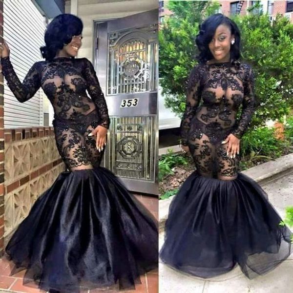 

2019 Black Lace Appliqued Mermaid Prom Dress Long Sleeve Sexy Celebrity African Black Girls Evening Party Dresses Fromal Wear