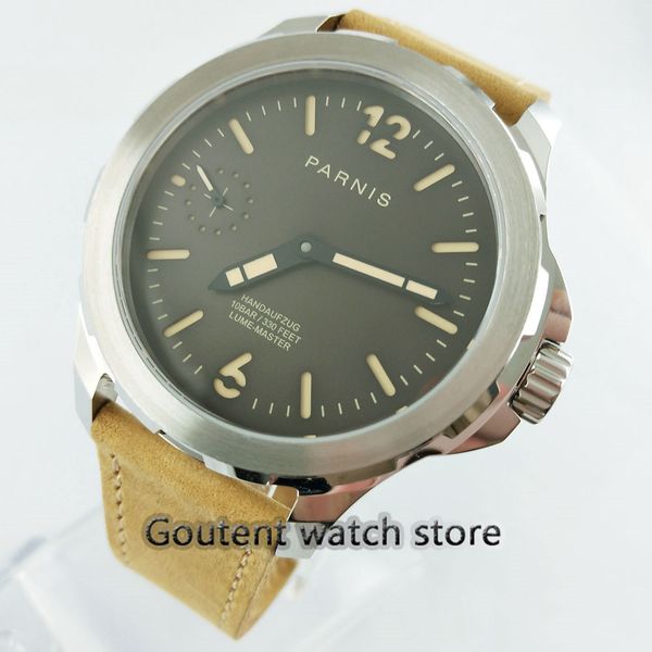 

44mm sapphire glass luminous orange marks 6497 hand winding watch, Slivery;brown