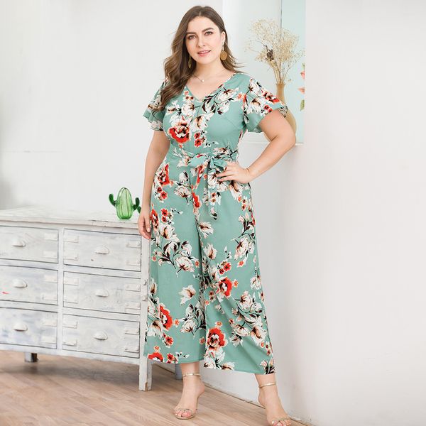 

35#women's plus size sashes overall jumpsuit v-neck short-sleeved bohemian 2019 summer black print jumpsuit wide-legged, Black;white