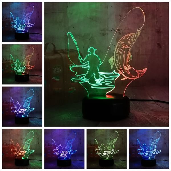 

new chinese style fishing man 3d led rgb night lihgt 7 dual color mixed colors lustre christmas gift for kids novelty home decor