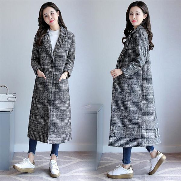 

2019 autumn outerwear women wool & blends wide-waisted long plaid coat fashion turn-down collar single button woolen coats, Black
