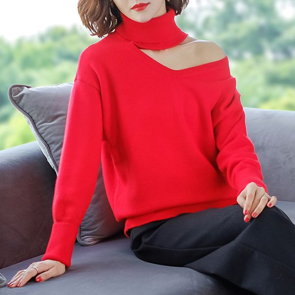 

knitted sweater off shoulder pullovers sweater for women long sleeve turtleneck female jumper red black blue clothing 1001, White;black