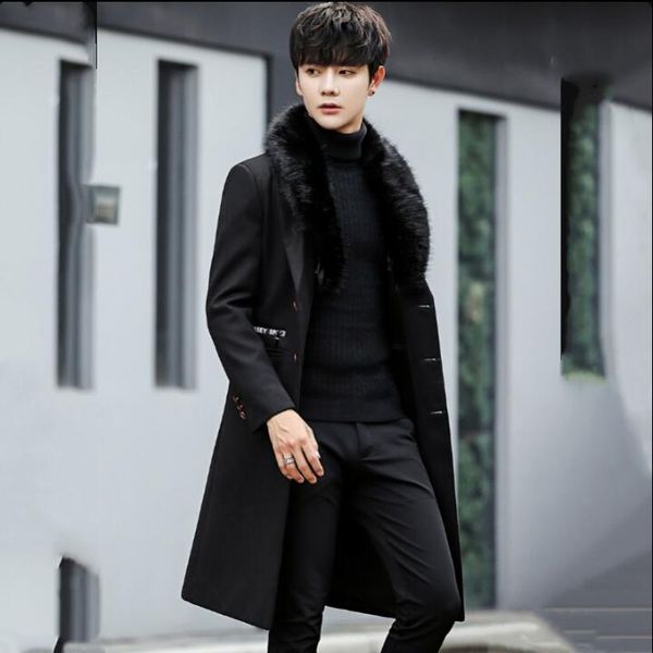 

2019 men new winter woolen fur collar long coat warm outwear slim coat men long winter trench chaqueta invierno hombre, Black