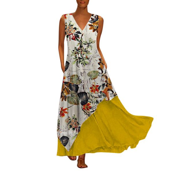 

telotuny women sleeveless floral print long dresses plus size vintage summer fashion v-neck sundress casual ladies dress 19l0711, White