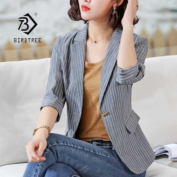 

new women's striped blazer jacket three quarter single button notched slim female office lady coat c96106z, White;black