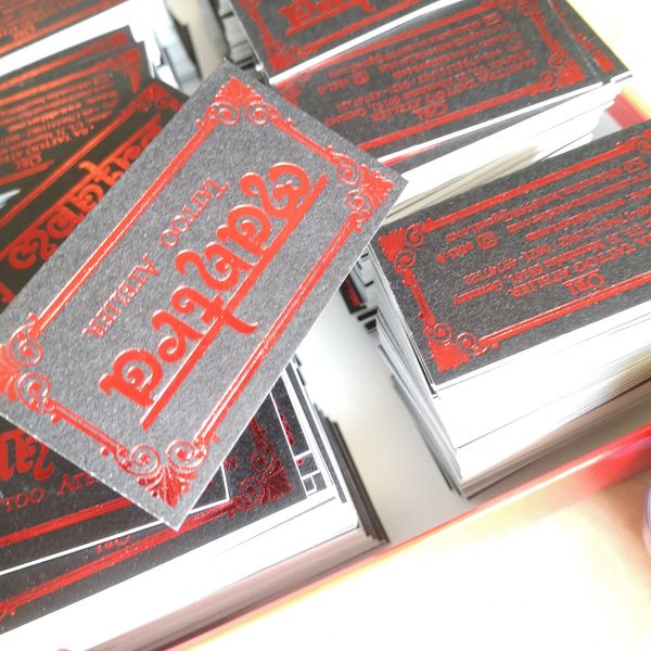 

Custom order business card, red foil stamping on 500 gsm thick black cardboard, Item No. CU36