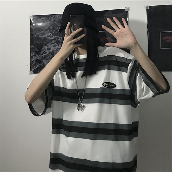 

cotton-containing 2020 short-sleeved t- women's harajuku bfwind loose striped half-sleeved students cotton-containing 2020 short-sleeve, White