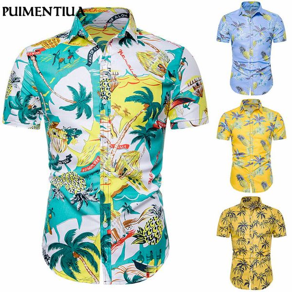 

puimentiua men's fashion print shirts casual button down short sleeve hawaiian shirt beach holiday slim fit party shirts, White;black