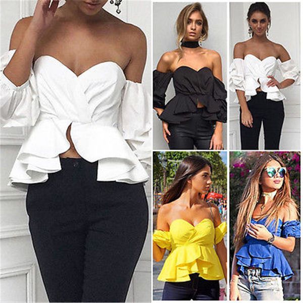 

fashion women off shoulder puff sleeve ruffle v-neck peplum crop summer loose strapless casual solid color shirts blouse, White