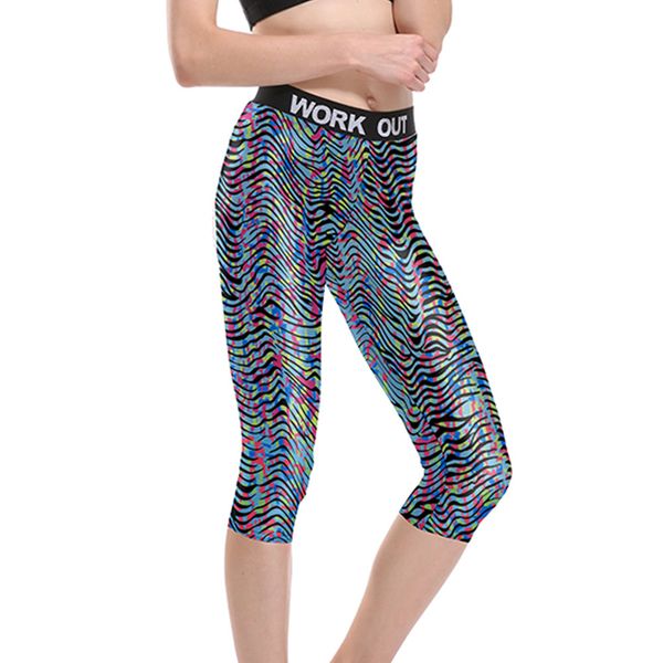 

3-d printed color waveform texture waist fitness pants, Black
