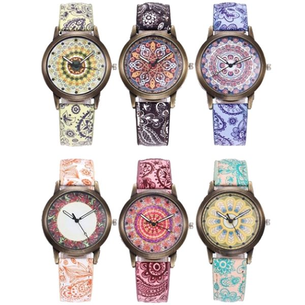 

bohemia women colorful flower pattern round dial faux leather quartz wrist watch ladies dress watches gift luxury, Slivery;brown