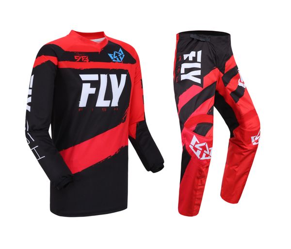 

fish gear set street moto riding off road men's suit motocross motorcycle motorbike black red kit
