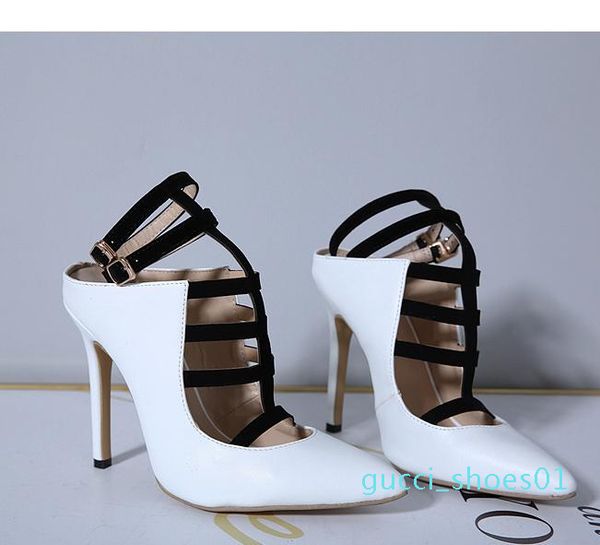 

patchwork black white t strappy pointed toe high heels pumps office lady work shoes 12cm size 35 to 45 g01